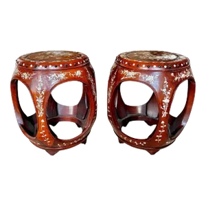 Pair Chinese Rosewood Mother Pearl Inlaid Garden Seat Stools