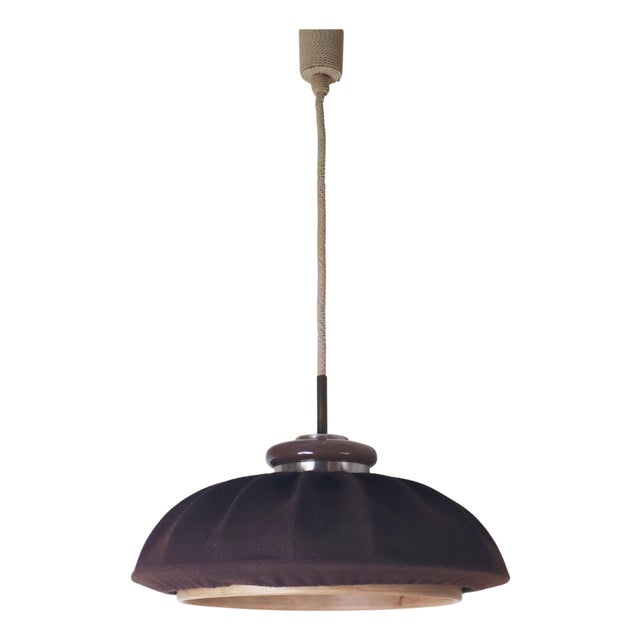 Mid-Century Modern Pendant Lamp in Brown Fabric, Wood and Glass from Doria Leuchten, Germany, 1970s For Sale