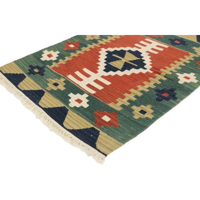 Vintage Persian Shiraz Kilim Rug with Tribal Style 02'00 x 02'10. Full of tiny details and a bold expressive design...