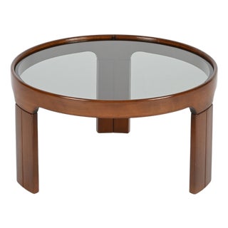 Italian Round Coffee Table in Walnut with Smoked Glass Top from Molteni, 1960s For Sale
