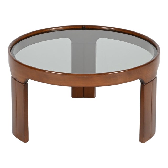 Italian Round Coffee Table in Walnut with Smoked Glass Top from Molteni, 1960s For Sale