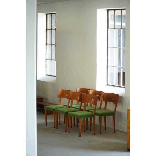 Art Deco Swedish Chairs in Birch & Mohair with Griffin Inlays from Klismos, 1930s, Set of 6 For Sale - Image 17 of 18