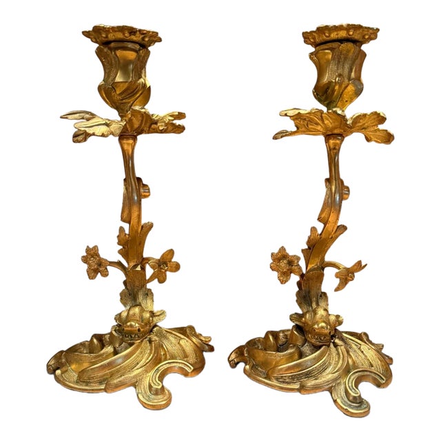 Pair of 19th Century French Gilt Bronze Dolphin Candlesticks, Finely Chased For Sale