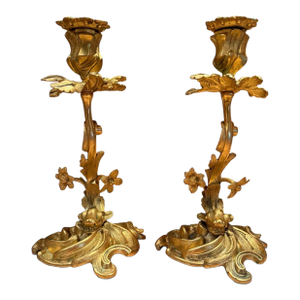 Pair of 19th Century French Gilt Bronze Dolphin Candlesticks, Finely Chased