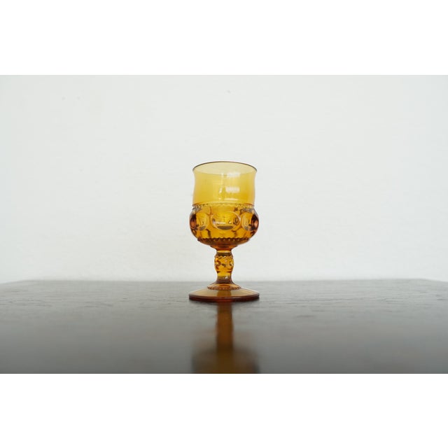 Vintage Indiana Glass Amber King’s Crown Thumbprint Wine Goblets - Set of 7 For Sale - Image 10 of 13