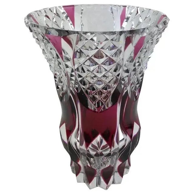 French Cut Crystal Flower Vase Amethyst or Pink Red For Sale - Image 4 of 5
