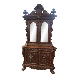 Rare French Carved Dressing Cabinet With Mirrors Armoir Vines Fruit Lions Head Late 19th C For Sale