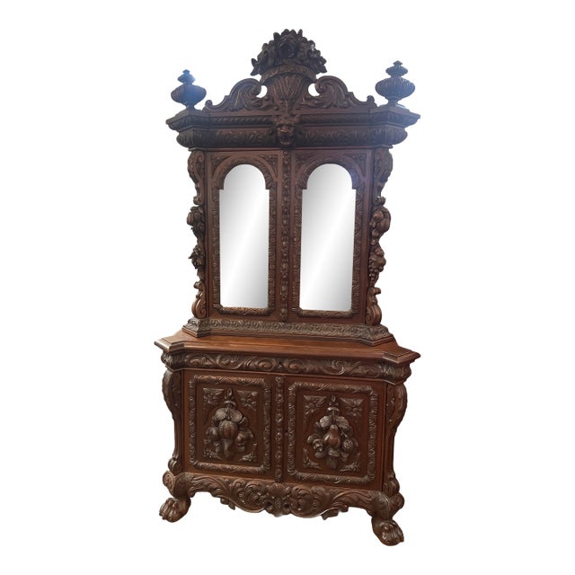 Rare French Carved Dressing Cabinet With Mirrors Armoir Vines Fruit Lions Head Late 19th C For Sale