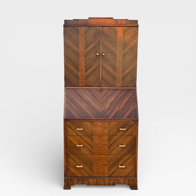 Art Deco Secretary Desk With Drop-Front Writing Surface and Chevron Veneer, 1930s For Sale - Image 4 of 12