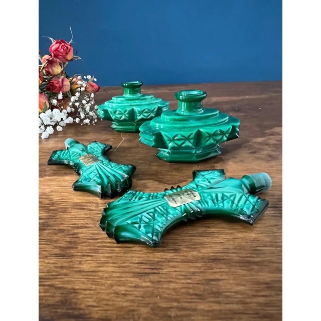 Art Deco Malachite Glass Perfume Bottles Pair For Sale - Image 9 of 18