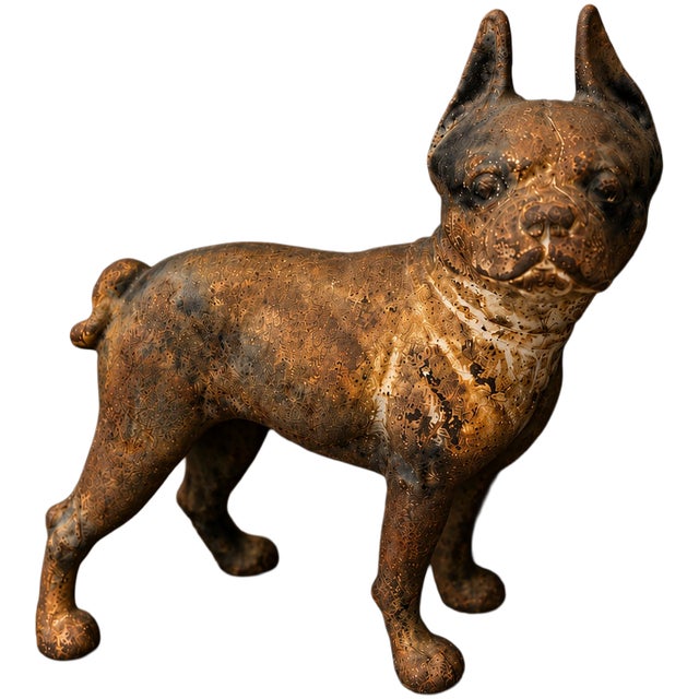 Antique American Cast Iron Boston Terrier Doorstop With Original Painted Surface For Sale