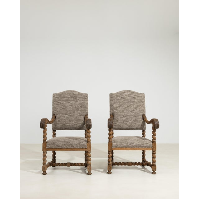 Gothic Pair of Oak Castle Upholstered Armchairs, Antique, France, 19th Century For Sale - Image 3 of 14