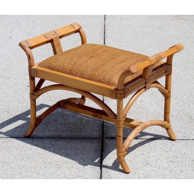 2010s Handwoven Rattan & Bamboo Pagoda-Style Ottoman / Bench – Boho Coastal Charm For Sale - Image 5 of 13