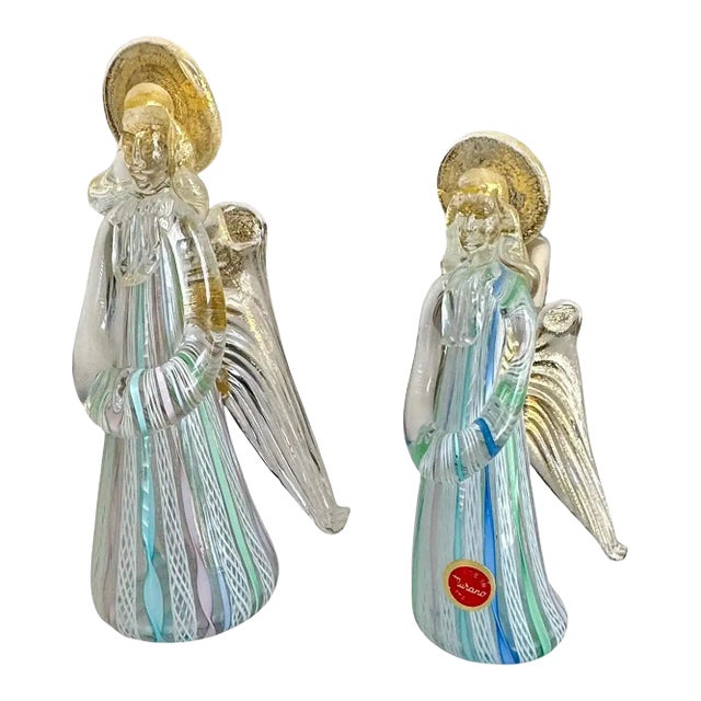 Pair Murano Venetian Latticino & Gold Glass Angel Figurines For Sale