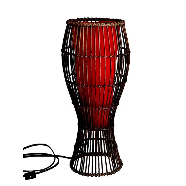 Wood Vintage Rattan Cage Lamp With Ruby Red Shade For Sale - Image 7 of 12