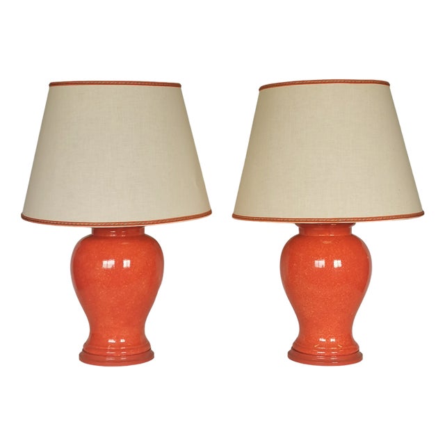 Orange Glazed Ceramic Lamps, 1975, Set of 2 For Sale