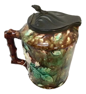 Antique Majolica Water Pitcher With Metal Leaf Lid Made in England