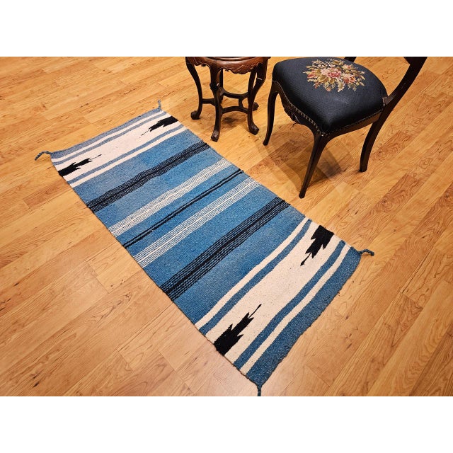 Blue Vintage Southwestern Area Rug, Handwoven Wool, Stripe Pattern, Persian Blue, 3x5 For Sale - Image 8 of 12