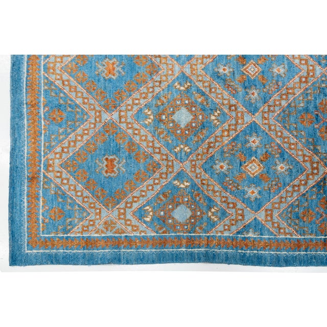 Modern Moroccan Style Hand-Knotted Wool Area Rug in Sky Blue and Terracotta For Sale - Image 10 of 12