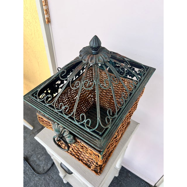 Wood Vintage Flared Pedestal Wicker & Metal Lidded Basket For Sale - Image 7 of 9
