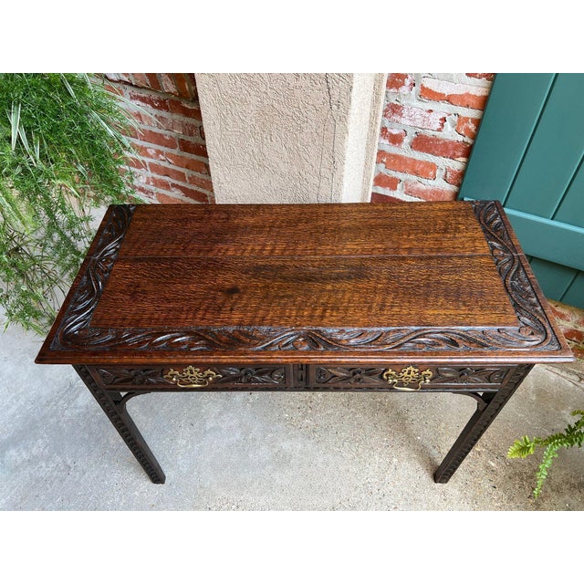 Wood Antique English Sofa Console Table Jacobean Carved Oak Foyer Table C1890 For Sale - Image 7 of 18