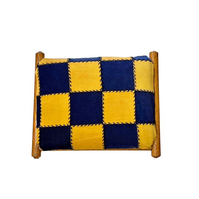 Antique French Provincial Walnut Footstool With Hand-Turned Legs & Blue/Yellow Patchwork Cushion For Sale - Image 6 of 10