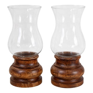 Pair Vintage Italian Wood & Blown Glass Hurricane Candle Holders For Sale