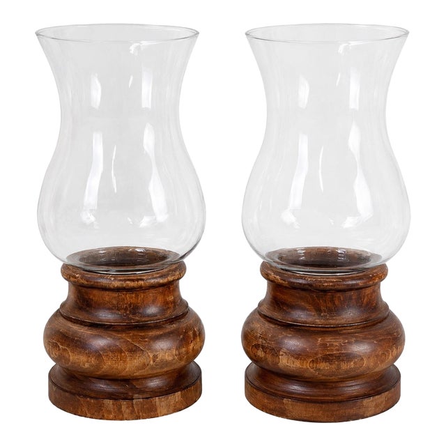 Pair Vintage Italian Wood & Blown Glass Hurricane Candle Holders For Sale