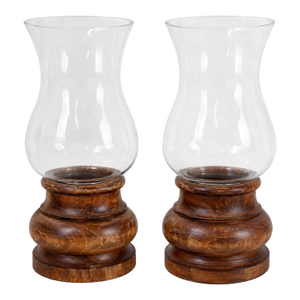 Pair Vintage Italian Wood & Blown Glass Hurricane Candle Holders