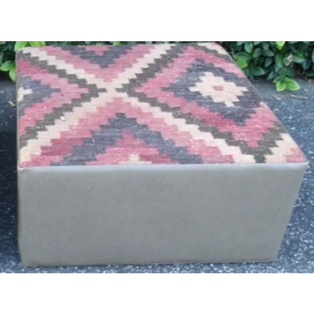 Ottoman pouf. Made of vintage kelim rug. Top Vinyl Surroundings. 24''w x 24''d x 12''h