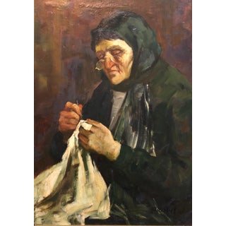 Adolf Adler, Israeli Judaica Old Jewish Woman Sewing Expressionist Oil Painting For Sale