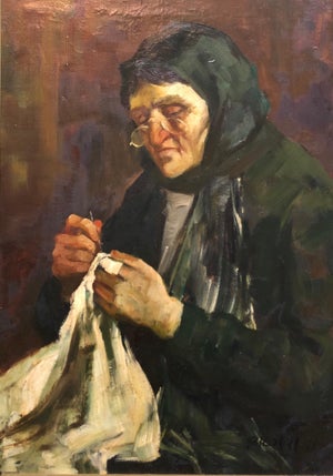 Adolf Adler, Israeli Judaica Old Jewish Woman Sewing Expressionist Oil Painting