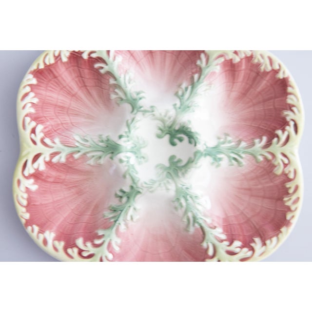 French Antique French Keller and Guerin Luneville Majolica Pink Seaweed Oyster Plate, Circa 1890 For Sale - Image 3 of 6
