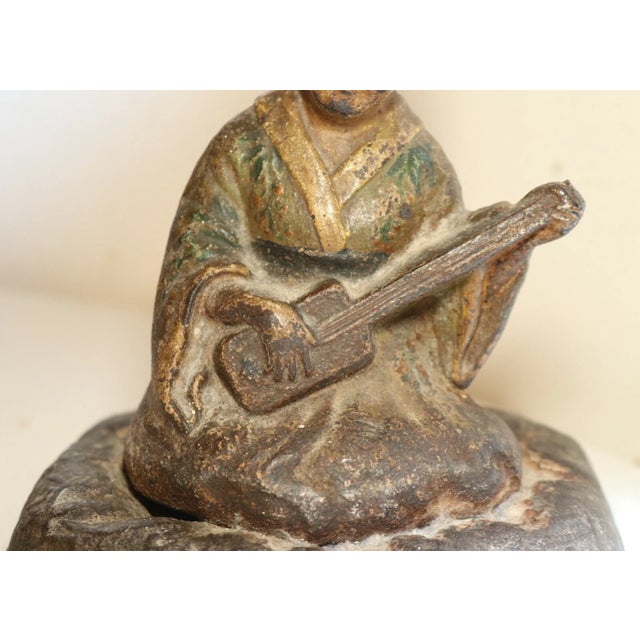 Japanese Rare Antique Hubley Cast Iron Japanese Girl Instrument Heavy Figural Doorstop For Sale - Image 3 of 12