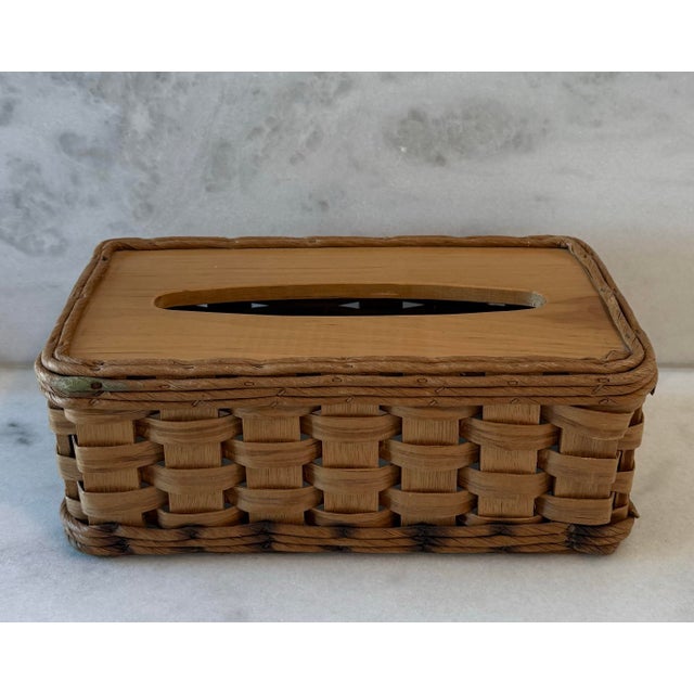 Vintage Woven Splint Wood Tissue Box Cover For Sale - Image 4 of 11