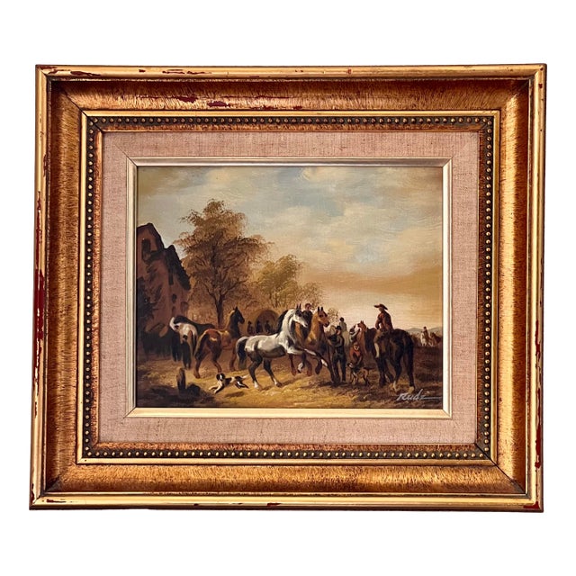 Horse Fair Equestrian Oil Painting on Canvas in Giltwood Frame, Signed Rudz, 20th C. For Sale