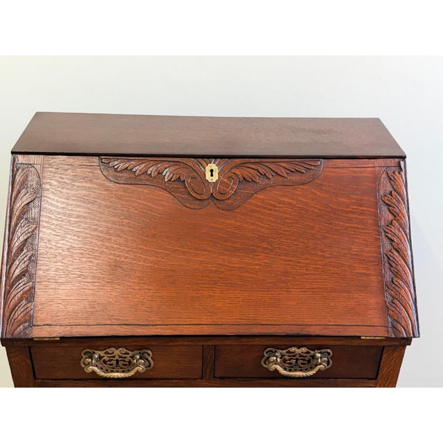 Antique Victorian Slant Front Carved Secretary For Sale - Image 9 of 16