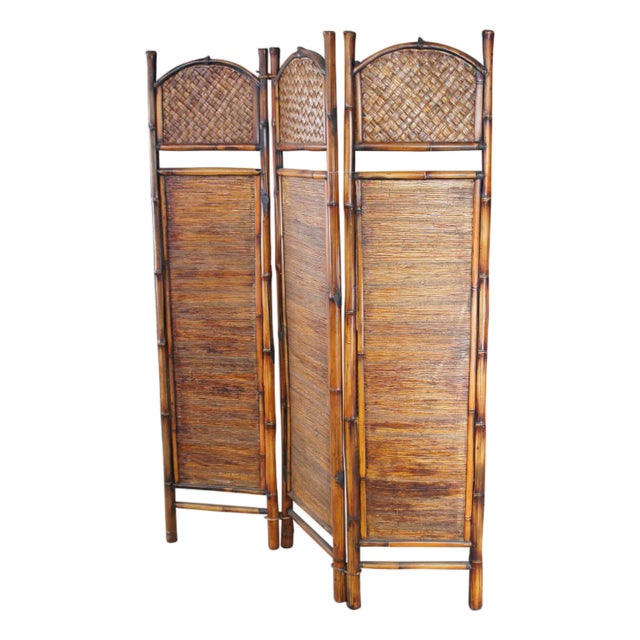British Colonial Style Bamboo & Rattan 3 Panel Room Divider Screen Boho Chic For Sale