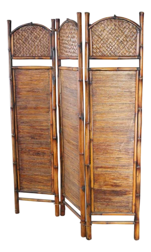 British Colonial Style Bamboo & Rattan 3 Panel Room Divider Screen Boho Chic