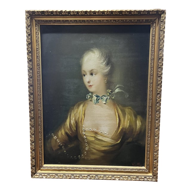 Lady with Scarf and Pearl Necklace, 20th Century, Painting, Framed For Sale