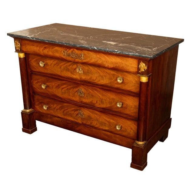 Traditional Antique French Empire Mahogany Marble Top Ormolu Commode Chest of Drawers 1810 For Sale - Image 3 of 17