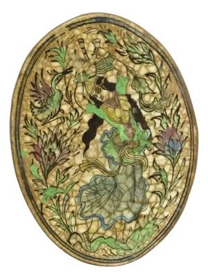 Antique Persian Iznik Qajar Style Ceramic Pottery Oval Tile Dancing Woman C3