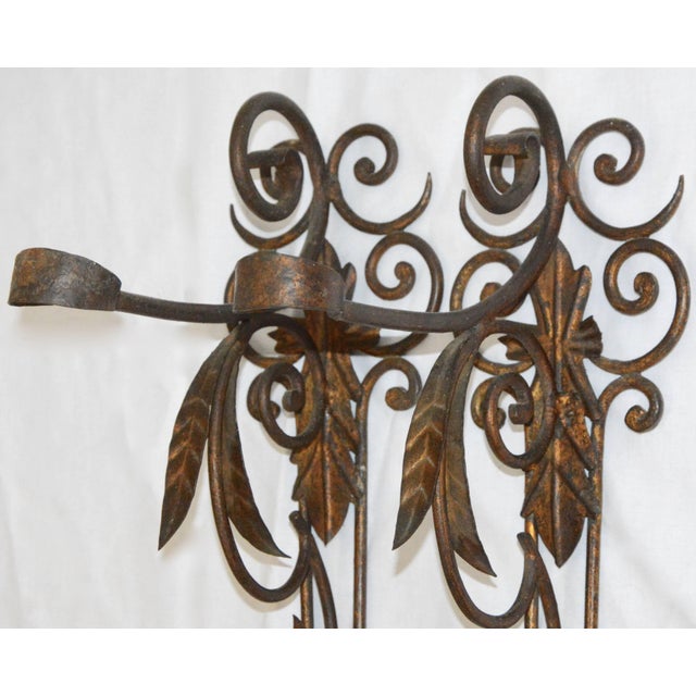 Traditional Pair of Metal Candleholder Wall Sconces With Foliate and Scrolls For Sale - Image 3 of 7