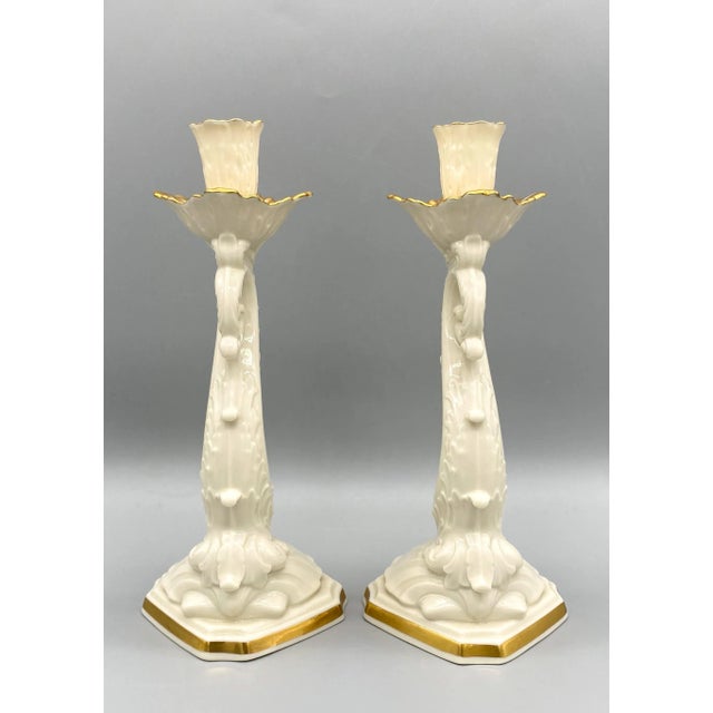 Lenox 20th C. Lenox Cream & Gold Dolphin Candlesticks – A Pair – Coastal Glam For Sale - Image 4 of 13