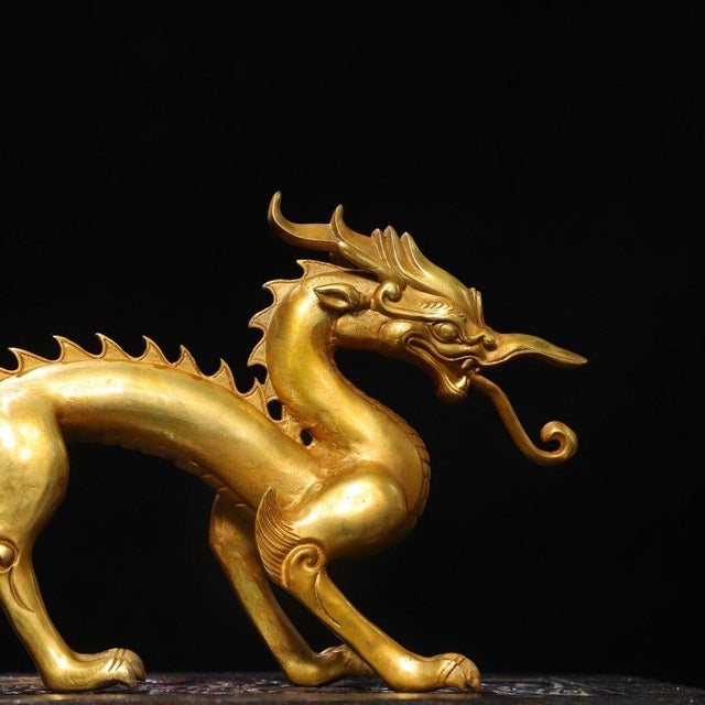 Copper Vintage Gilt Copper Striding Dragon Statue / Scholar's Desk Object For Sale - Image 8 of 9