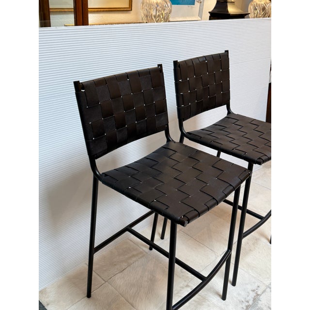 Mermelada Estudio for Cb2 Woven Leather Counter Stools, Pair For Sale - Image 11 of 12
