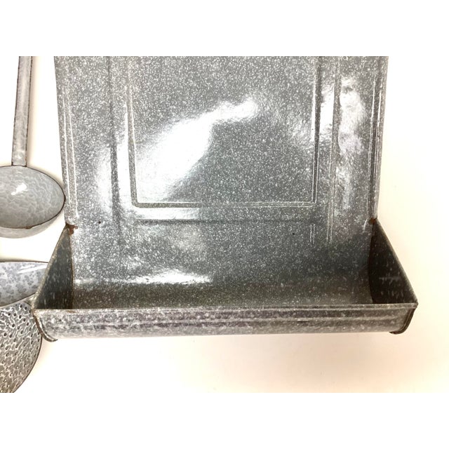 Vintage Gray Enamelware Graniteware Utensil Rack Holder With 4 Gray Utensils For Sale - Image 4 of 8