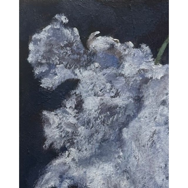 A modern, dramatically contrasting, and moody impression of a white French tulip painted on a cradled masonite panel and...