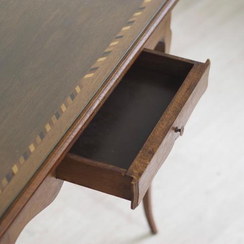 Wood French Writing Desk with Glass Top and Inlays, Early 20th Century For Sale - Image 7 of 15