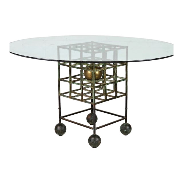 1980s Artisan Made Solid Bronze & Brass Dining Table With Beveled Glass Top For Sale